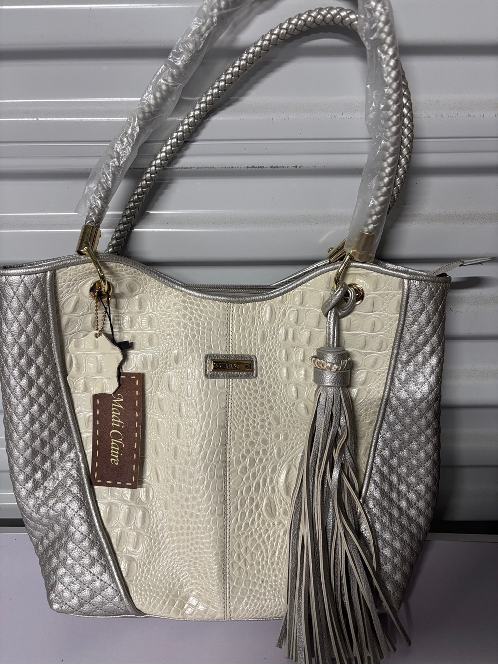 Madi Claire Cream and Silver Geniune Leather Croc-Texture Tote with Tassel